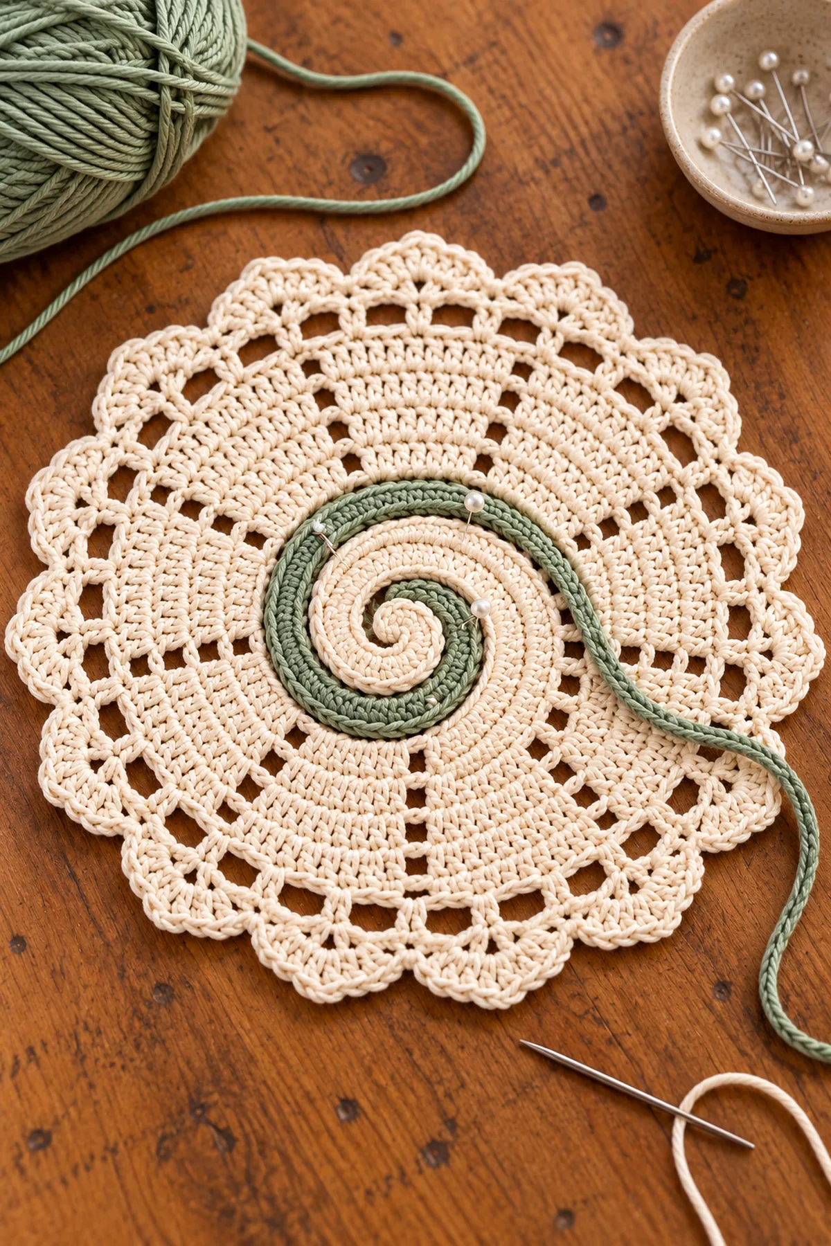One cream radial crochet medallion in progress with 12 marked wedges, chain-one spoke eyelets and a sage spiral cord pinned loosely from center to edge
