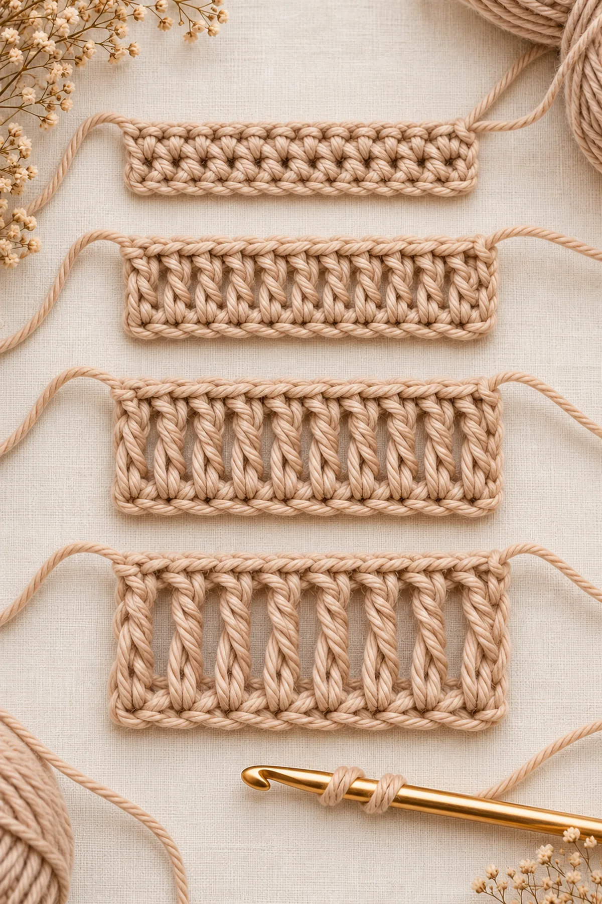Macro comparison of single, half double, double and treble posts in smooth beige yarn, with the treble post visibly tallest.