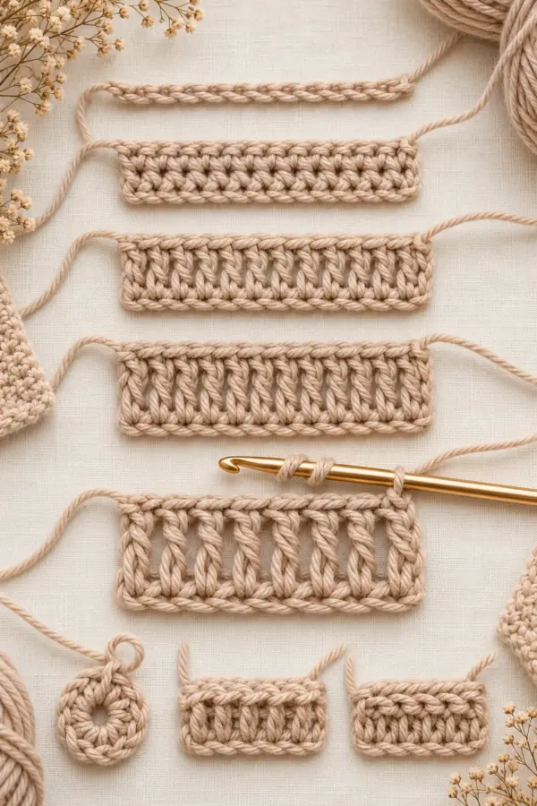 Elegant neutral crochet stitch sampler showing clear horizontal bands of chain, single, half double, double, treble, slip stitch and loop variations beside a gold hook; no copied chart or source text.