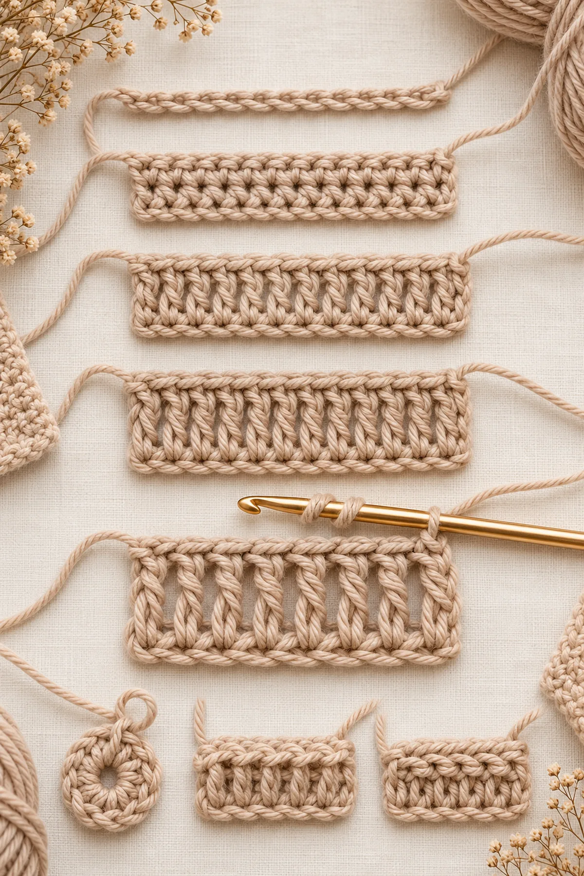 Elegant neutral crochet stitch sampler showing clear horizontal bands of chain, single, half double, double, treble, slip stitch and loop variations beside a gold hook; no copied chart or source text.