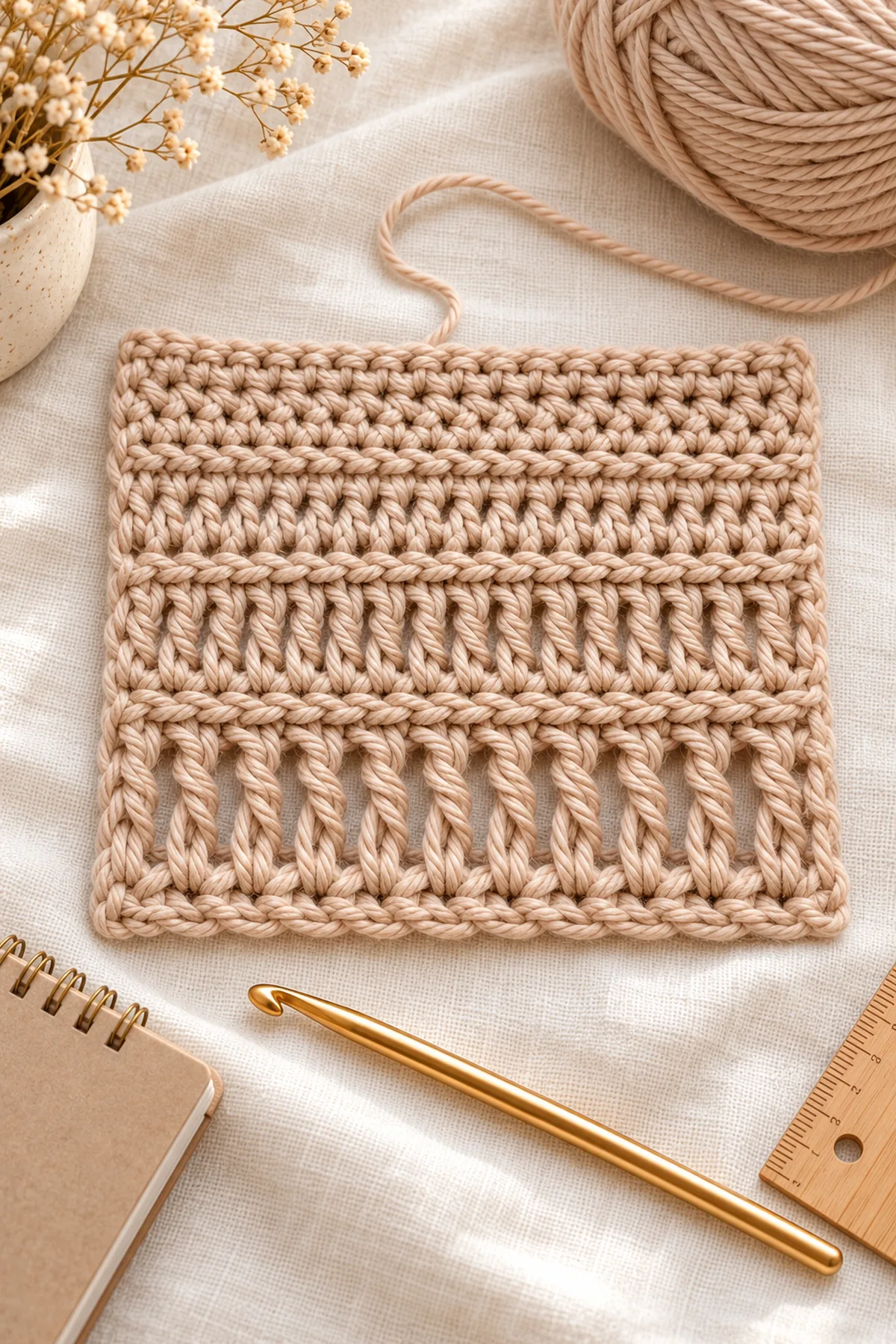 Completed square mixed-height crochet practice cloth blocked beside a notebook and yarn on a calm craft desk, no text overlay.