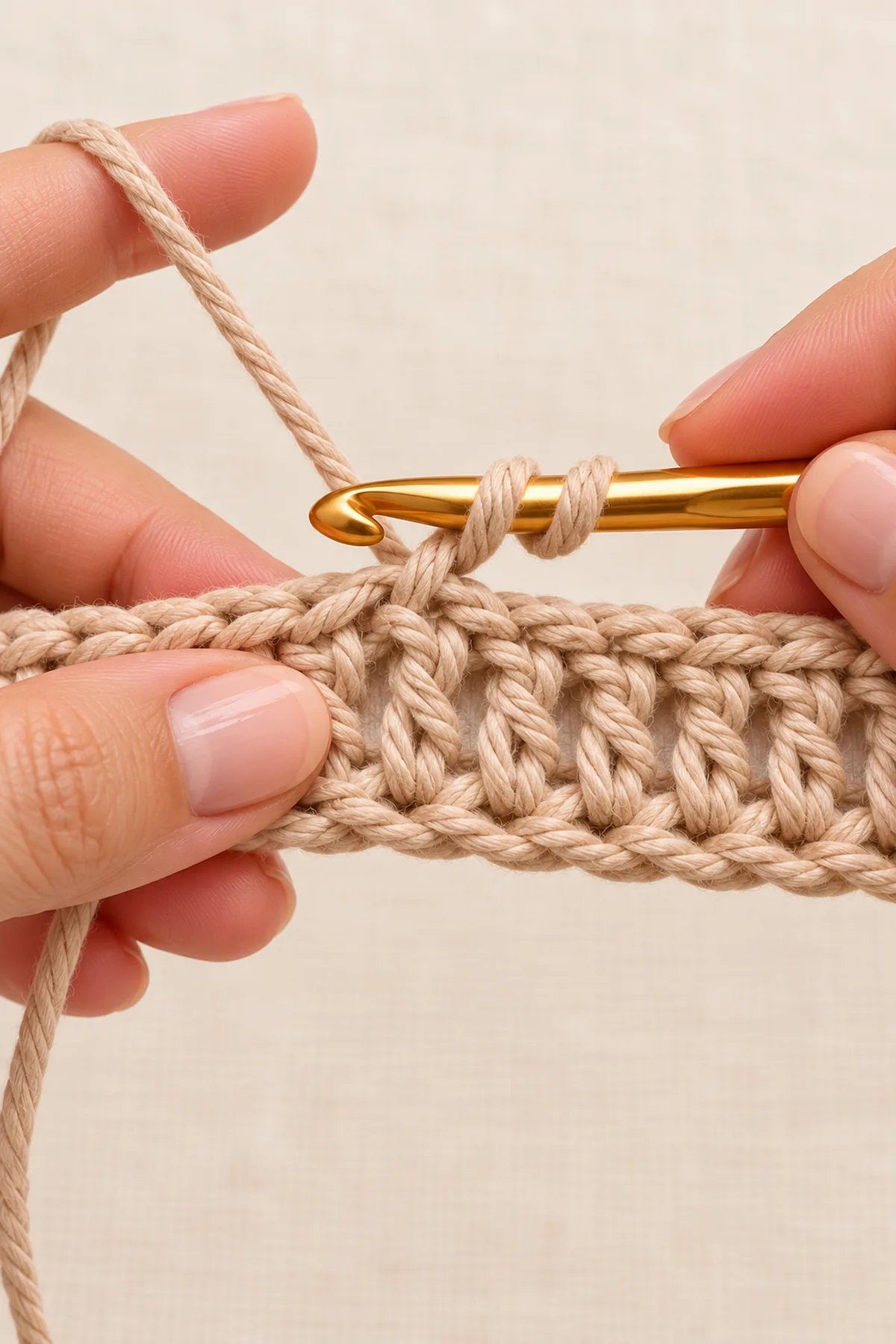 Hook close-up demonstrating yarn over twice and insertion into the next clearly marked stitch, with two wraps visible on the shaft and no text.